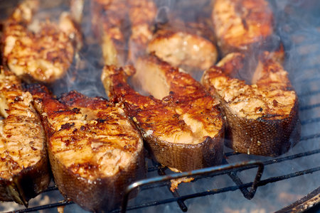 steaks of red fish grillの写真素材