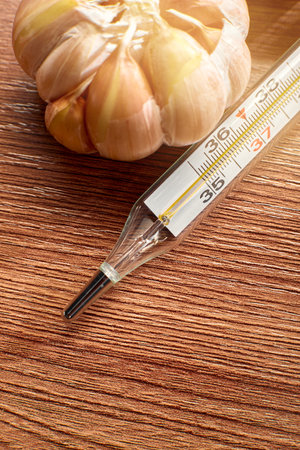 the thermometer is on the table in the background of garlicの写真素材
