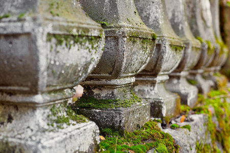 ancient balusters covered with moss closeupの写真素材