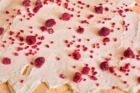 fresh raspberries are evenly distributed on a layer of butter cream for making a rollの写真素材