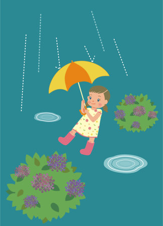 A girl with an umbrella in the rain, puddles and hydrangeasのイラスト素材
