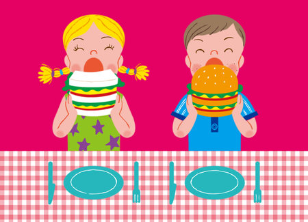 One girl and one boy are about to eat a big sandwich and a big burger.のイラスト素材