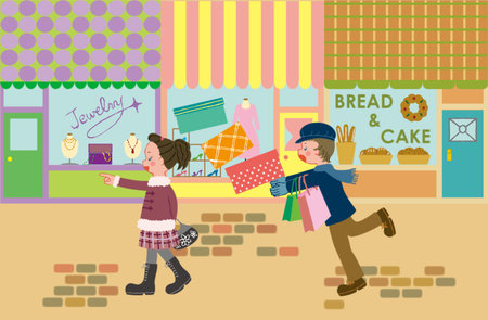A girl and a boy are walking down a shopping street.のイラスト素材