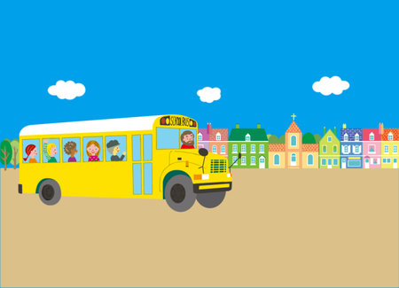 A school bus is driving down the streetのイラスト素材
