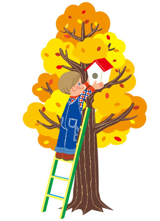 A boy on a ladder putting a birdhouse in a treeのイラスト素材