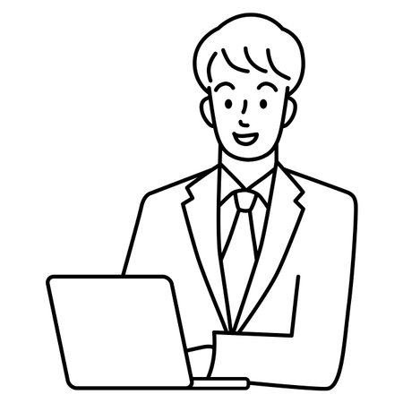 Upper body of a young man in a suit using a laptop (line)のイラスト素材