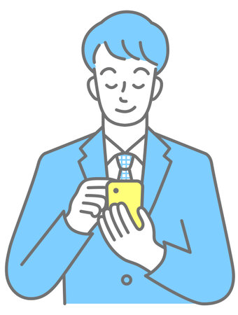 Upper body of a young man in a suit playing with his phone (colored)のイラスト素材