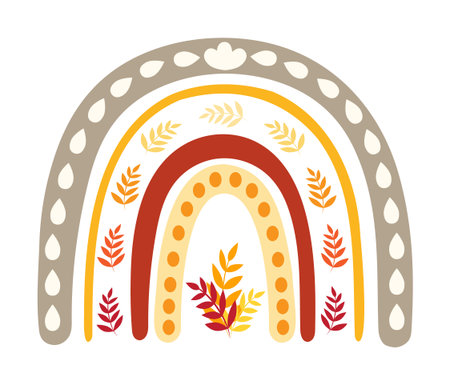 Clip art illustration of Autumn Rainbow. Rainbow in autumn, warm colours. Autumn leaves and raindrops, yellow, orange and red colour.Isolated elements on white background.のイラスト素材