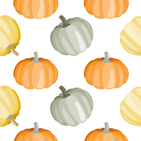 Seamless pattern with cute hand drawn Autumn pumpkins, on isolated white background. Background for Thanksgiving, Halloween, Harvest celebration, textiles, wallpapersのイラスト素材