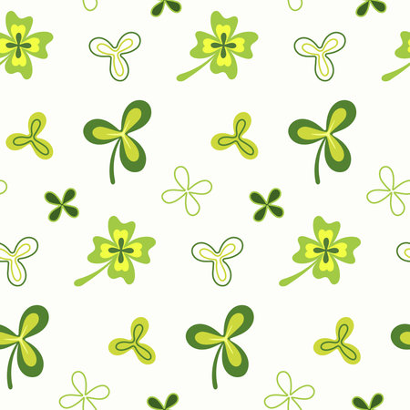 Seamless pattern of hand drawn and doodle shamrock and clover leaves on isolated background. Simple design for St. Patrick' day celebration, party decoration, scrapbooking.のイラスト素材