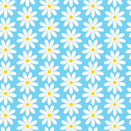 Seamless pattern of hand drawn retro style daisy flowers. Cheerful fresh background design for springtime, motherâs day, Easter, wedding celebration, scrapbooking, nursery decor.のイラスト素材