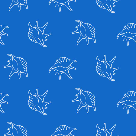 Seamless pattern of hand drawn seashells outlines Greek blue background. Design for summertime celebration, scrapbooking, wedding invitation, textile, home decor, nursery decor.のイラスト素材