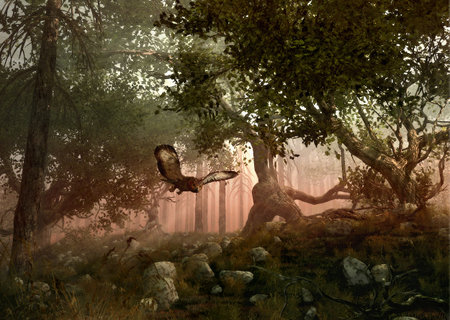 a eagle owl flies through the forest