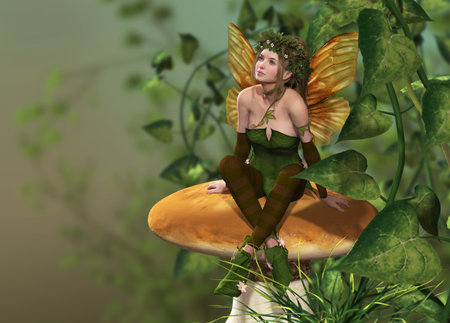 a little fairy is sitting on a mushroomの写真素材