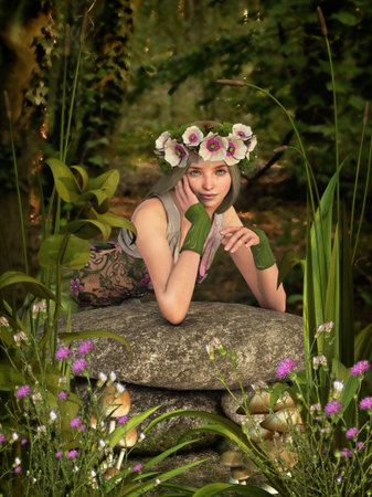 3D computer graphics of a girl with poppies in her hairの写真素材