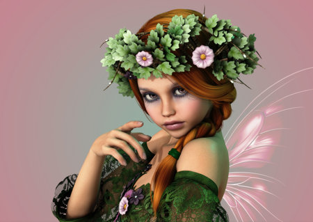 3D computer graphics of a girl with a wreath of flowers in her hairの写真素材