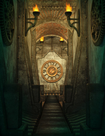 a 3d computer graphics of a passage with torches and clock on the wall