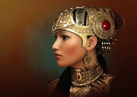 3D computer graphics of a fantasy portrait of a young woman with ancient Oriental jewelryの写真素材