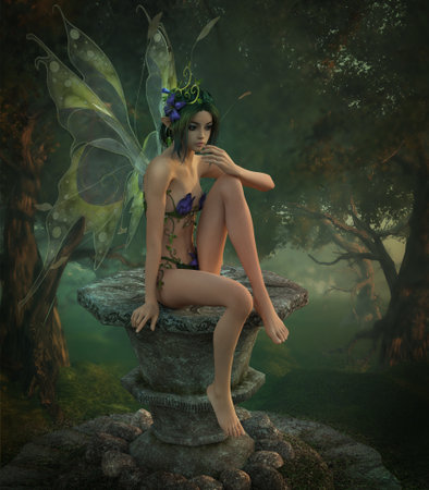 3d computer graphics of a cute fairy with a purple dress made of flowers and butterfly wings sitting on a pedestalの写真素材