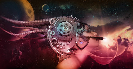 3D computer graphics of a cyborg woman with a headdress in science fiction style
