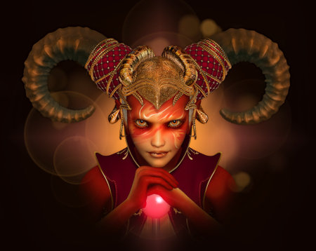 3d computer graphics of a  person with fantasy makeup and headgear with ram horns