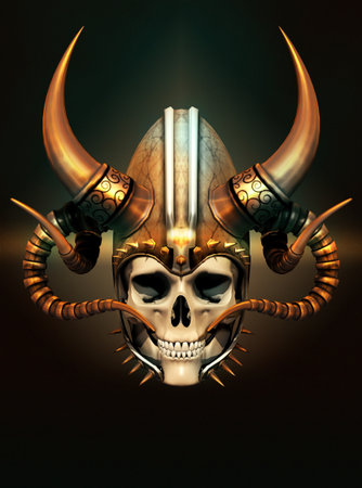3d computer graphics of a skull with a helmet with hornsの写真素材
