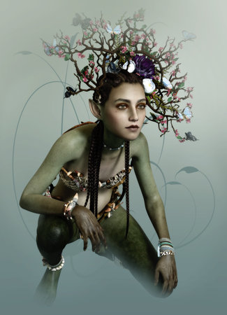 3d computer graphics of a fairy with painted skin and floral headdress