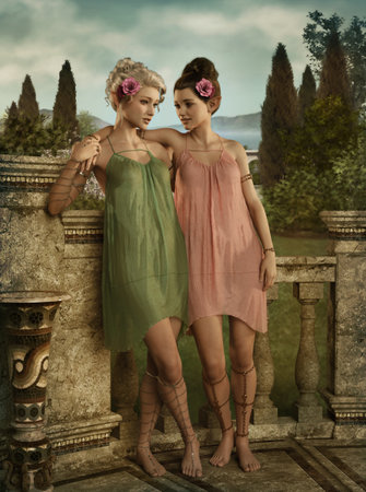 3d computer graphics of two fairies with roses as hair accessoriesの写真素材