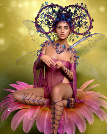 3d computer graphics of a fairy with fantasy headdress and wingsの写真素材