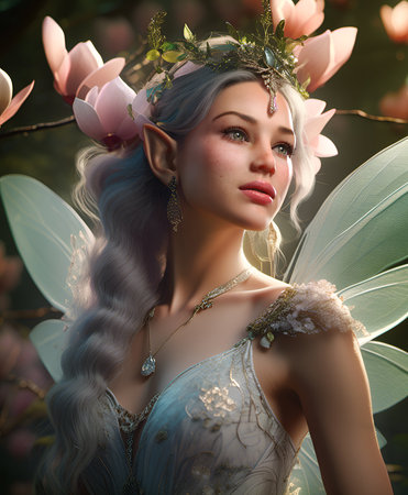partially AI generated portrait of a fairy with headdress, dragonfly wings, surrounded by Magniliasの素材