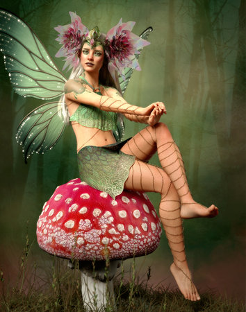 3d computer graphics of a fairy with fantasy jewelry and headdress sitting on a mushroomの写真素材