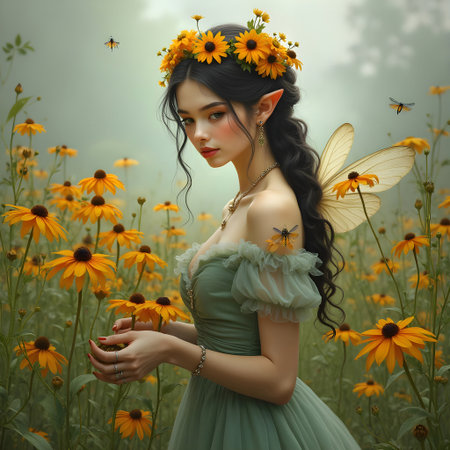 AI generated beautiful fairy with dragonfly wings, surrounded by black eyed susansの素材