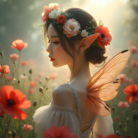 AI generated beautiful fairy with dragonfly wings surrounded by poppiesの素材