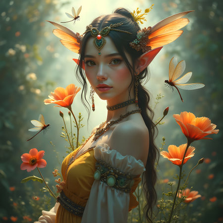 AI generated beautiful fairy with brown hair surrounded by dragonfliesの素材