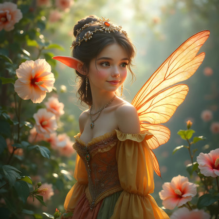 AI generated beautiful fairy with brown hair surrounded by Hibiscus flowersの素材
