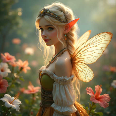 AI generated beautiful fairy with blonde hair surrounded by Hibiscus flowersの素材