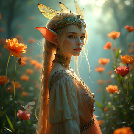 AI generated beautiful fairy with blonde hair surrounded by orange flowersの素材