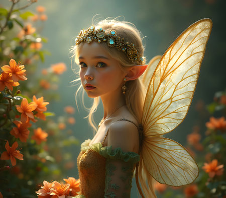 AI generated beautiful fairy with blonde hair surrounded by orange flowersの素材
