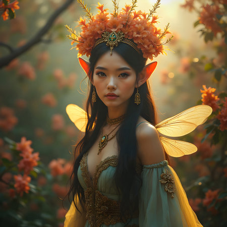 AI generated beautiful fairy with brown hair surrounded by orange flowersの素材