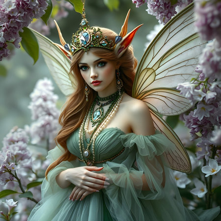 AI generated beautiful fairy with blonde hair surrounded by lilacsの素材