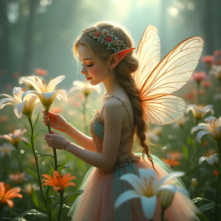 AI generated beautiful fairy with blonde hair surrounded by liliesの素材