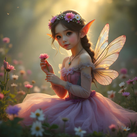 AI generated beautiful fairy sitting on a flower meadowの素材