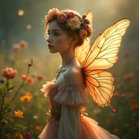 AI generated beautiful fairy surrounded by meadow flowersの素材
