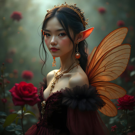 AI generated beautiful fairy surrounded by red rosesの素材
