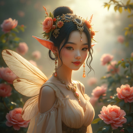 AI generated beautiful fairy surrounded by Peoniesの素材
