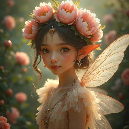 AI generated cute fairy surrounded by Peoniesの素材