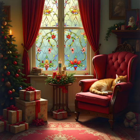 AI generated Victorian room decorated for Christmasの素材