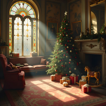 AI generated Victorian room decorated for Christmasの素材