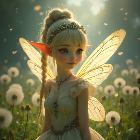 AI generated beautiful fairy surrounded by dandelionsの素材