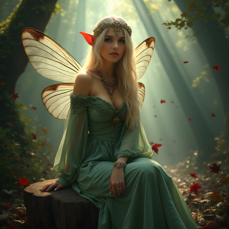 AI generated beautiful fairy sitting on a tree stumpの素材